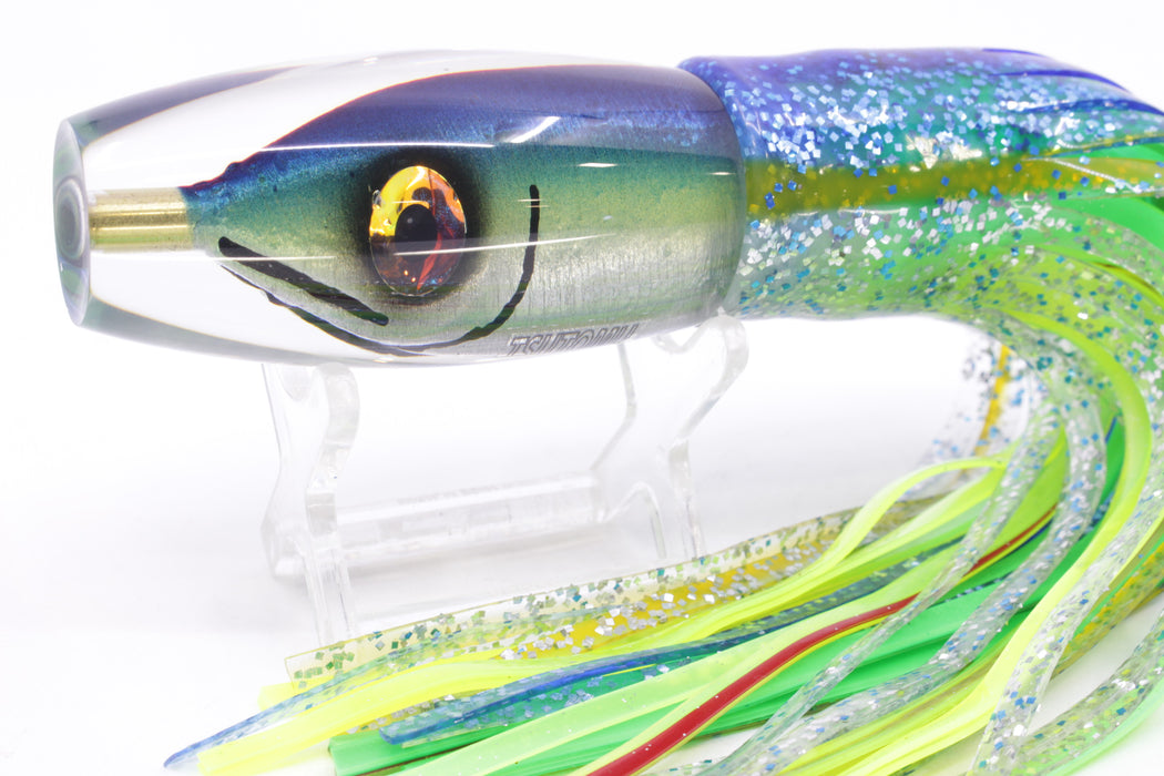 Tsutomu Lures Blue-Gold-Silver Fish Head Moke Invert 9" 7oz Skirted Blue-Silver