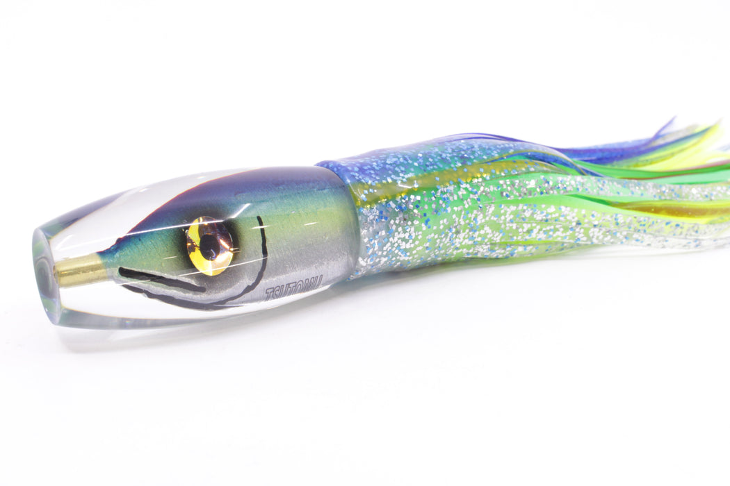 Tsutomu Lures Blue-Gold-Silver Fish Head Moke Invert 9" 7oz Skirted Blue-Silver