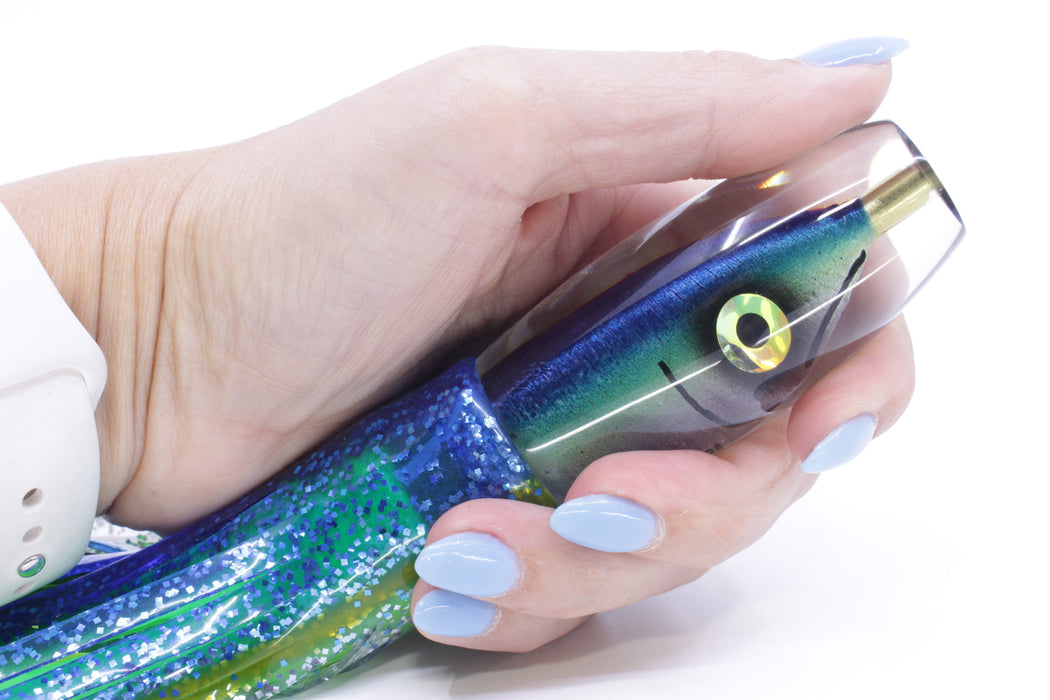 Tsutomu Lures Blue-Gold-Silver Fish Head Moke Invert 9" 7oz Skirted Blue-Silver