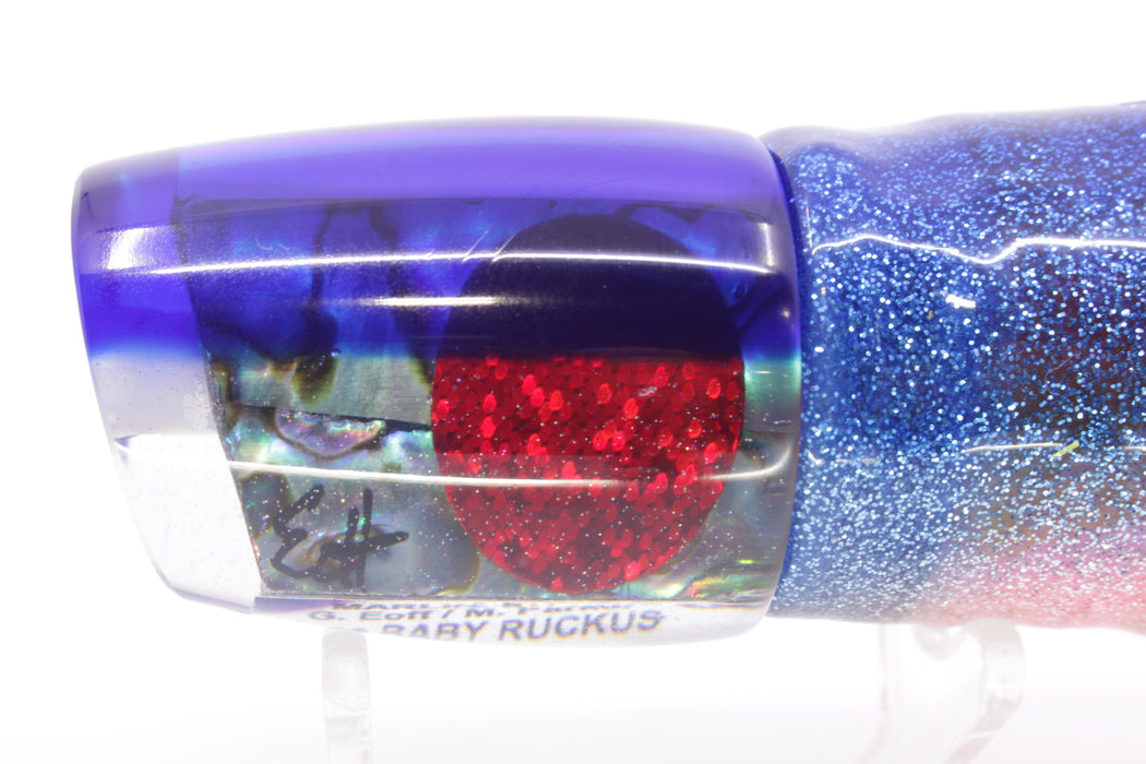 Marlin Magic Paua Shell Blue Back Red Eyes Baby Ruckus 10" 6.5oz Skirted Sunrise