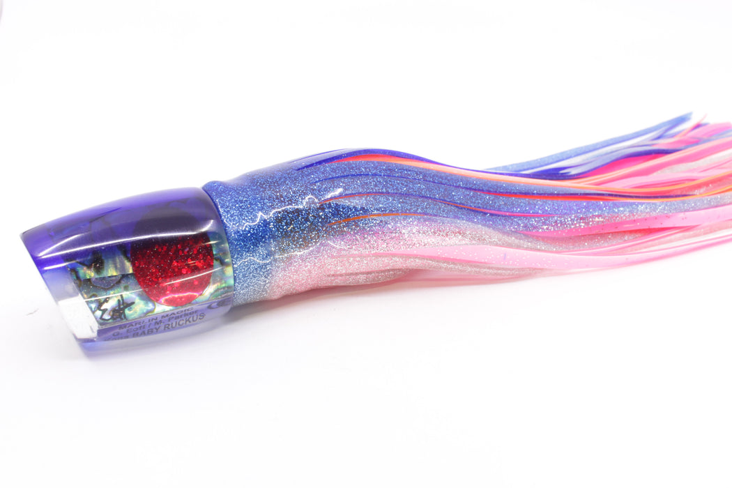 Marlin Magic Paua Shell Blue Back Red Eyes Baby Ruckus 10" 6.5oz Skirted Sunrise