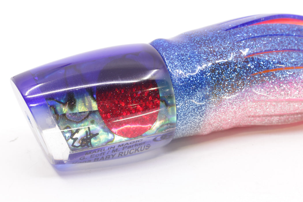 Marlin Magic Paua Shell Blue Back Red Eyes Baby Ruckus 10" 6.5oz Skirted Sunrise