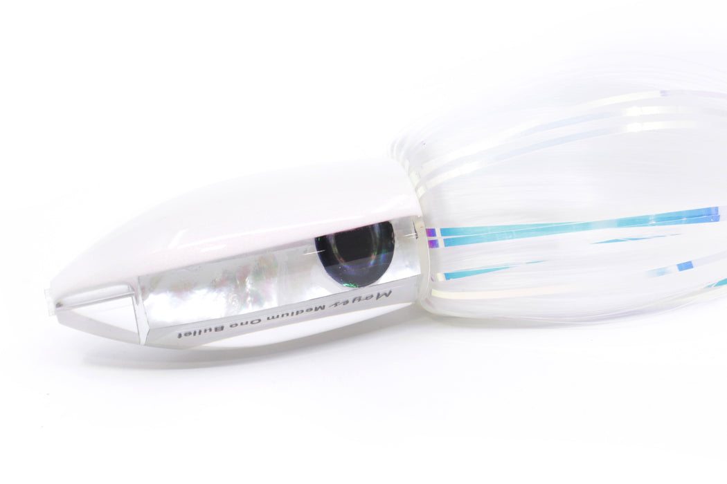 Moyes Lures White MOP White Back Medium Ono Bullet 9" 5.5oz Skirted White Hair