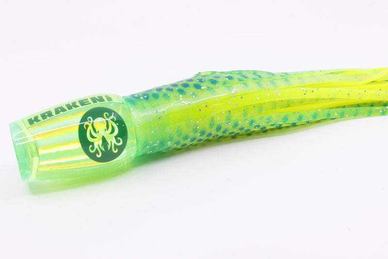 Kraken Fish Co. Lime Green Rainbow Hollow Point 9" 4oz Skirted Lumo-Blue Dots