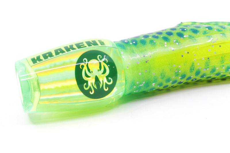 Kraken Fish Co. Lime Green Rainbow Hollow Point 9" 4oz Skirted Lumo-Blue Dots