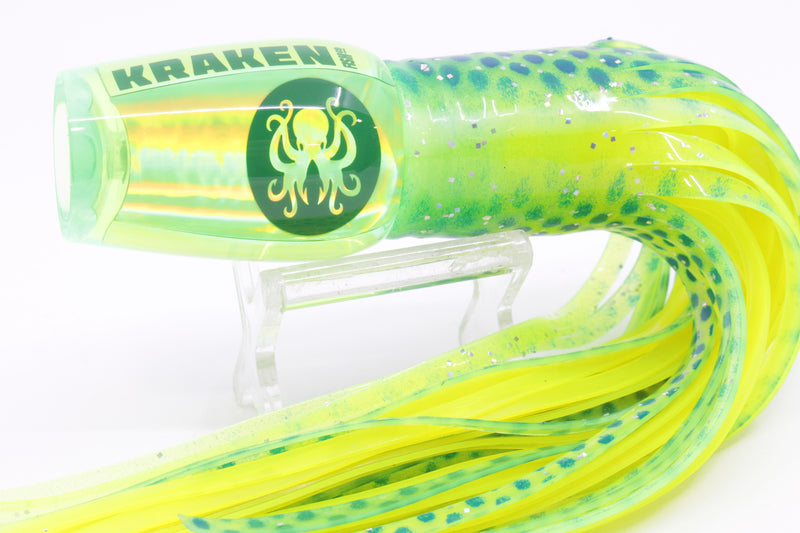 Kraken Fish Co. Lime Green Rainbow Hollow Point 9" 4oz Skirted Lumo-Blue Dots