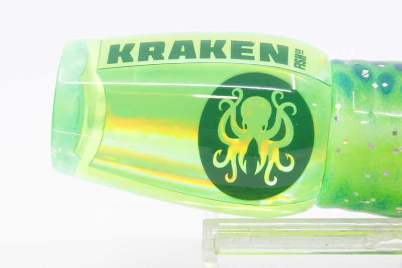 Kraken Fish Co. Lime Green Rainbow Hollow Point 9" 4oz Skirted Lumo-Blue Dots