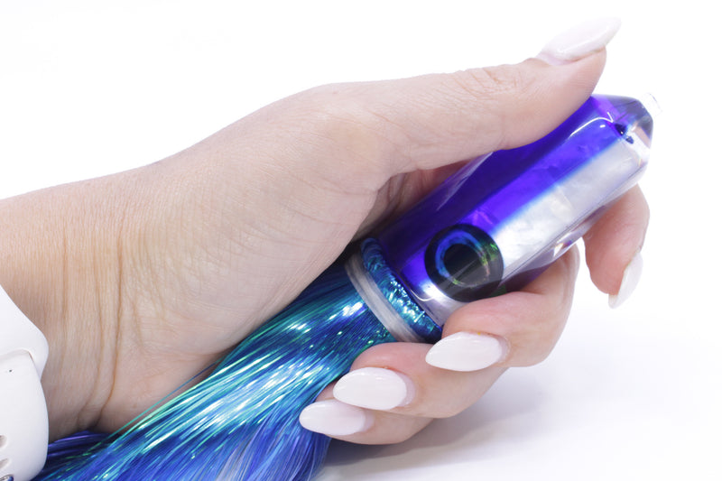 Moyes Lures White MOP Blue Back Small Sicario Bullet 8" 5.5oz Strobez Blue/White
