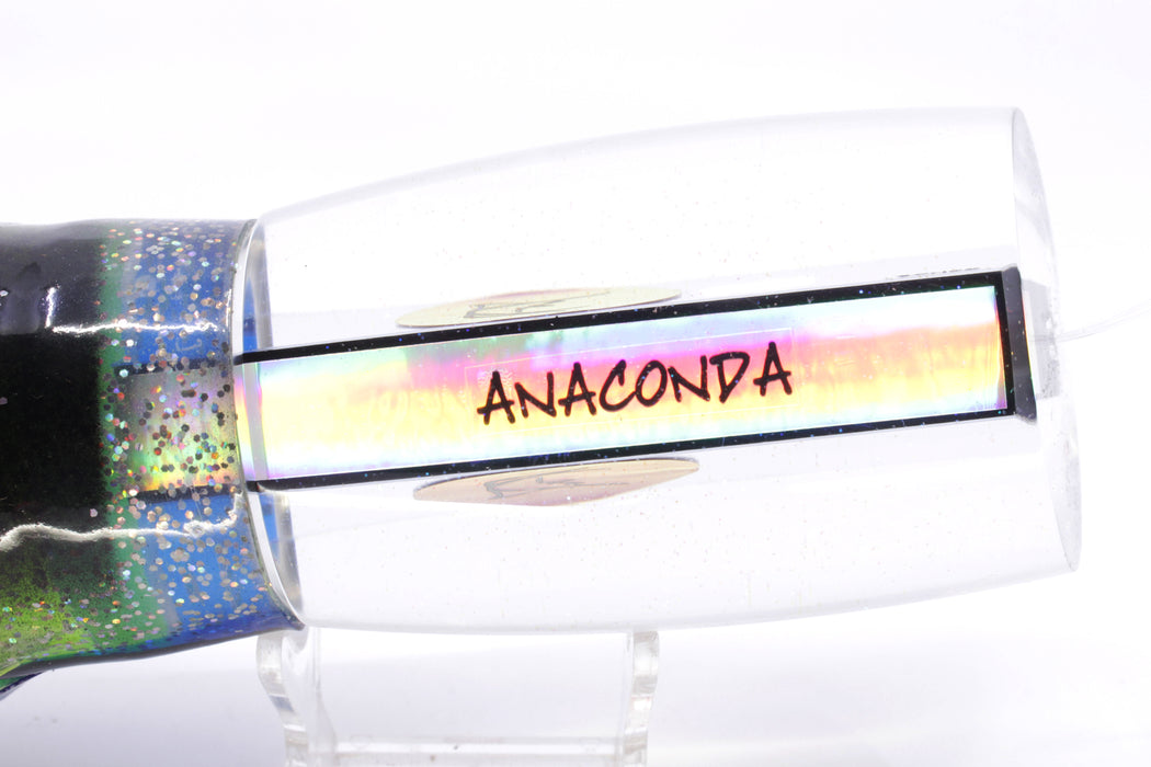 Bonze Lures Clear Mirrored Red Eyes Anaconda 16" 22oz Skirted Blue-Holo & Black Bars