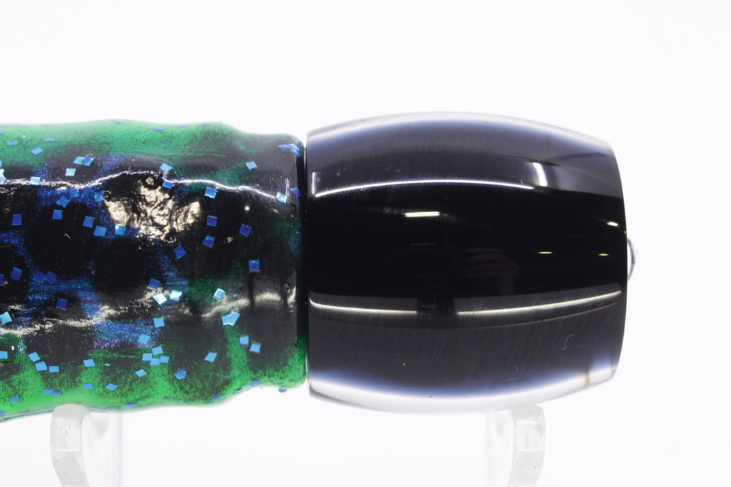 Moyes Lures Green-Blue Oil Slick Black Back Small Secret 9" 3oz Skirted Black Dots-Blue Dots