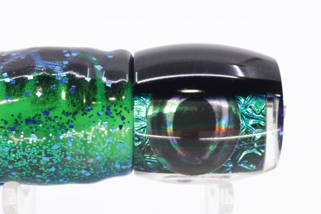 Moyes Lures Green-Blue Oil Slick Black Back Small Secret 9" 3oz Skirted Black Dots-Blue Dots