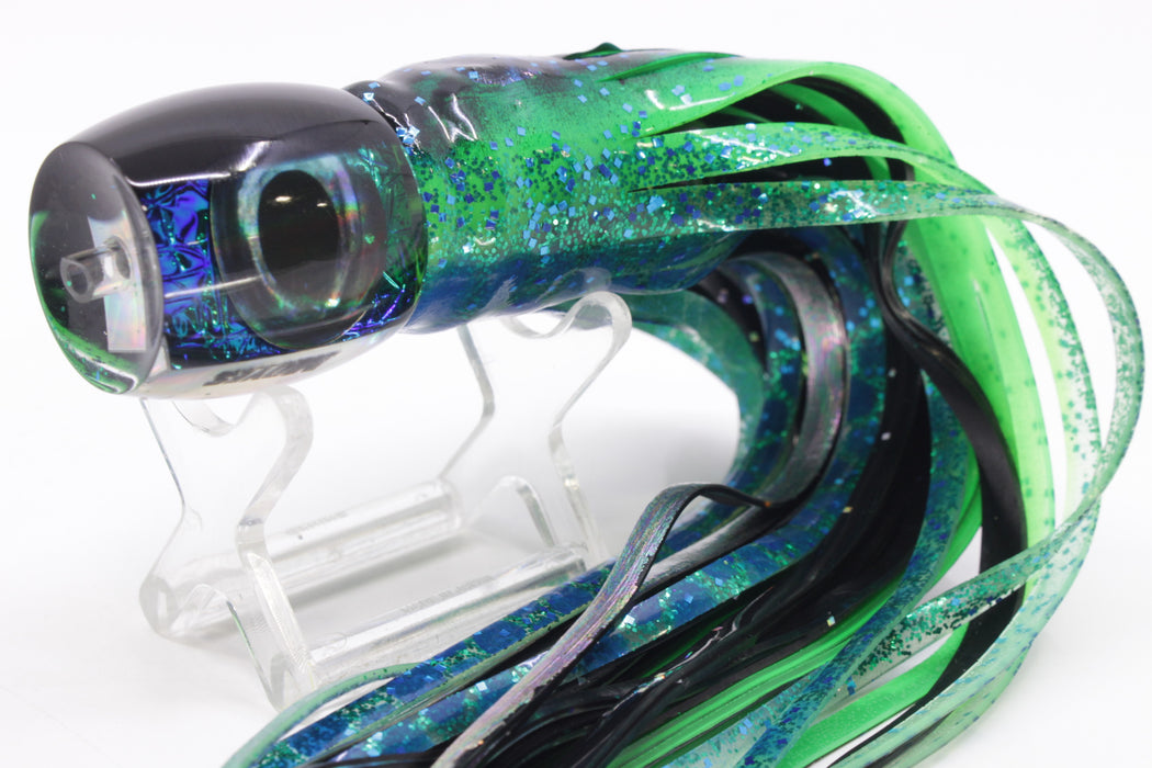 Moyes Lures Green-Blue Oil Slick Black Back Small Secret 9" 3oz Skirted Black Dots-Blue Dots