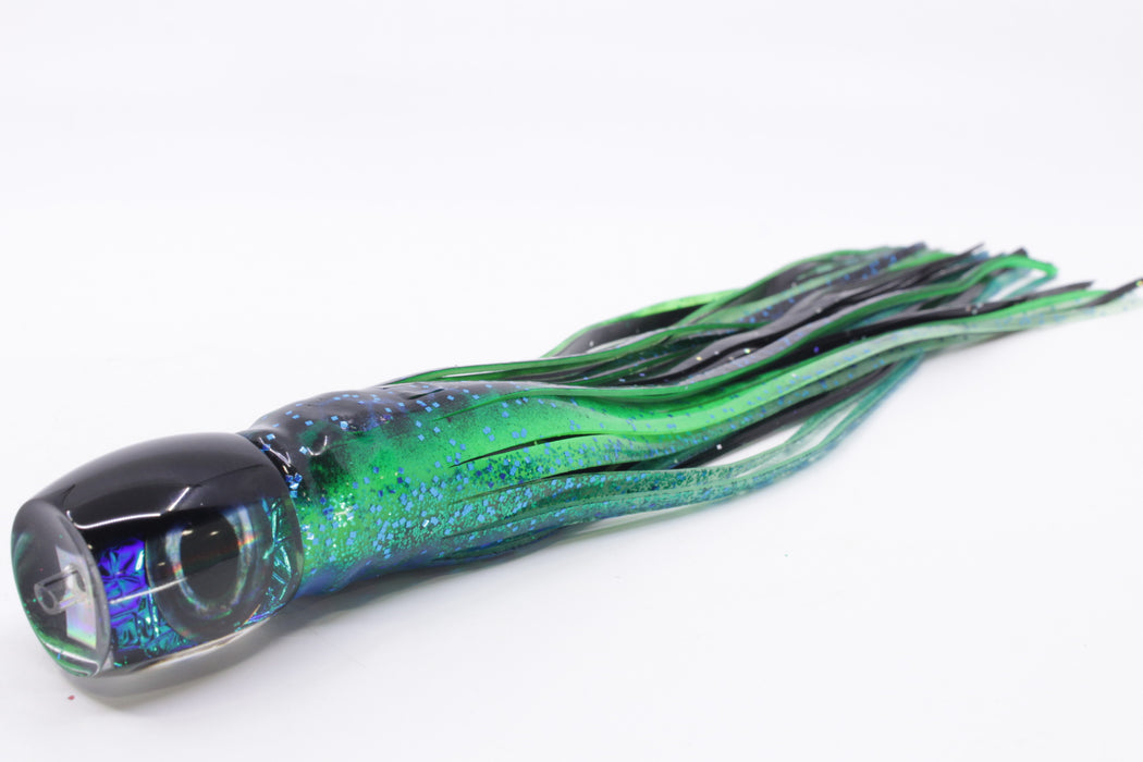 Moyes Lures Green-Blue Oil Slick Black Back Small Secret 9" 3oz Skirted Black Dots-Blue Dots