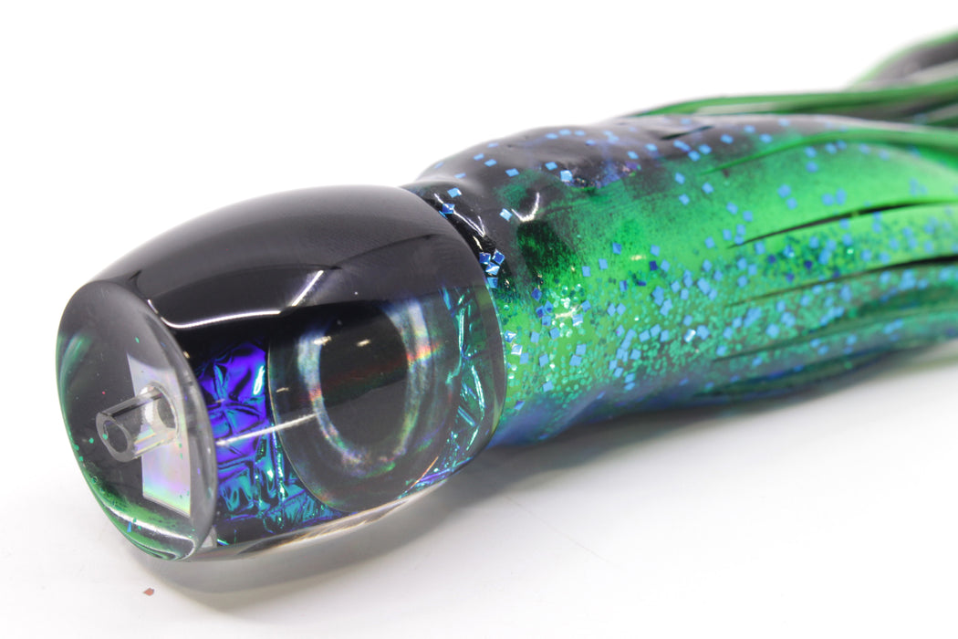 Moyes Lures Green-Blue Oil Slick Black Back Small Secret 9" 3oz Skirted Black Dots-Blue Dots