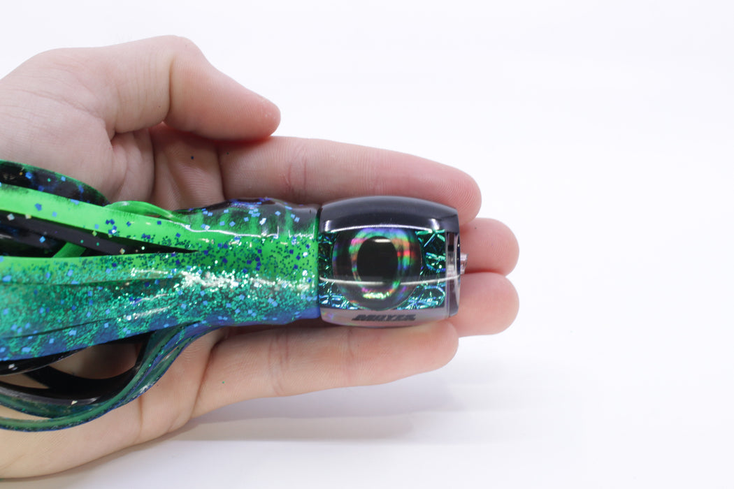 Moyes Lures Green-Blue Oil Slick Black Back Small Secret 9" 3oz Skirted Black Dots-Blue Dots
