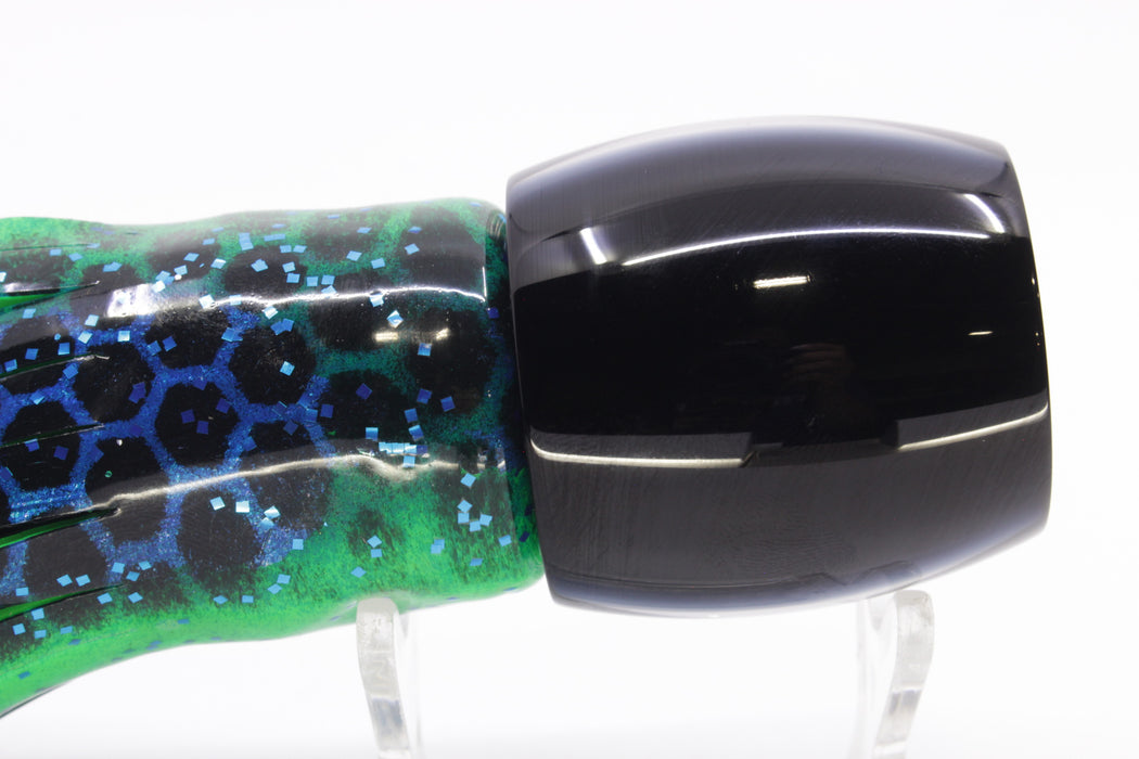 Moyes Lures Black Pearl Black Back Large Secret 12" 6.5oz Skirted Black Dots-Blue Dots