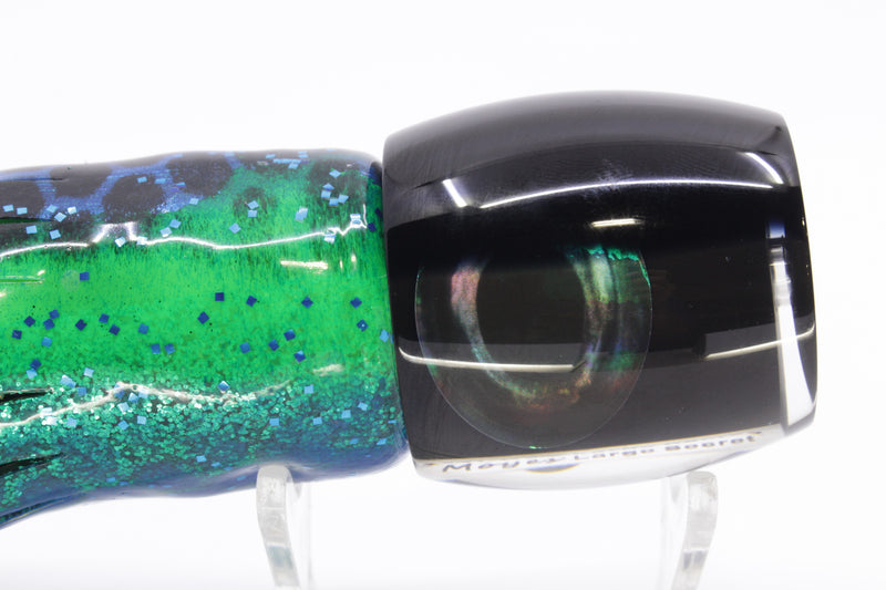 Moyes Lures Black Pearl Black Back Large Secret 12" 6.5oz Skirted Black Dots-Blue Dots