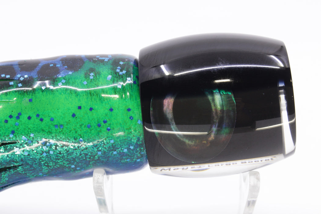 Moyes Lures Black Pearl Black Back Large Secret 12" 6.5oz Skirted Black Dots-Blue Dots