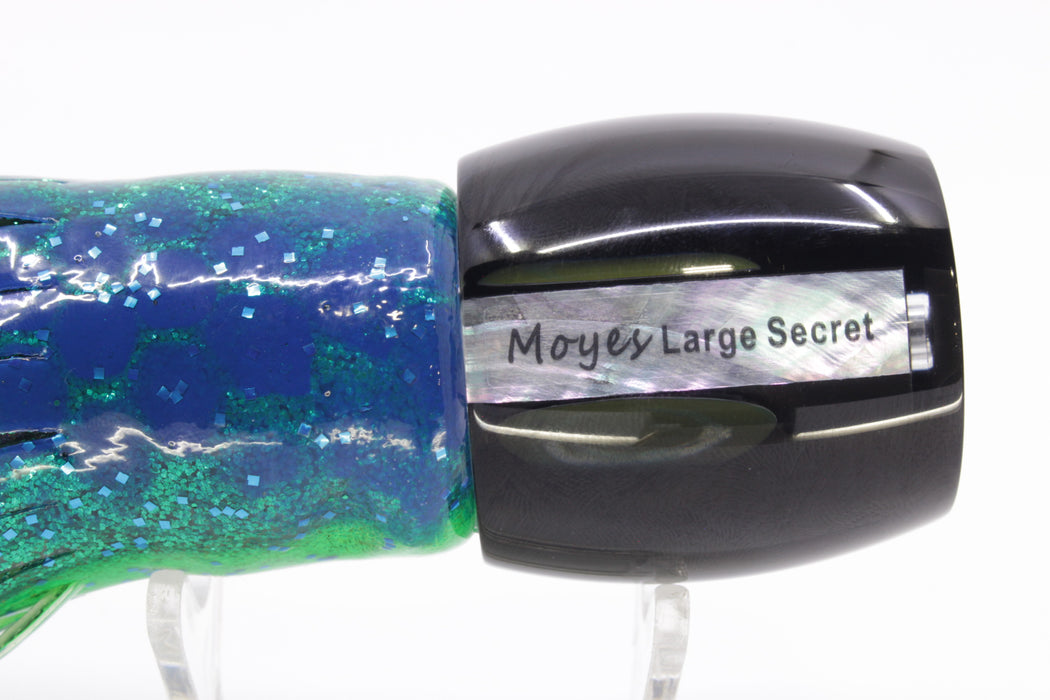 Moyes Lures Black Pearl Black Back Large Secret 12" 6.5oz Skirted Black Dots-Blue Dots