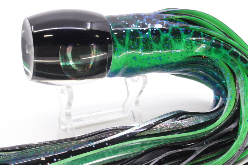 Moyes Lures Black Pearl Black Back Large Secret 12" 6.5oz Skirted Black Dots-Blue Dots