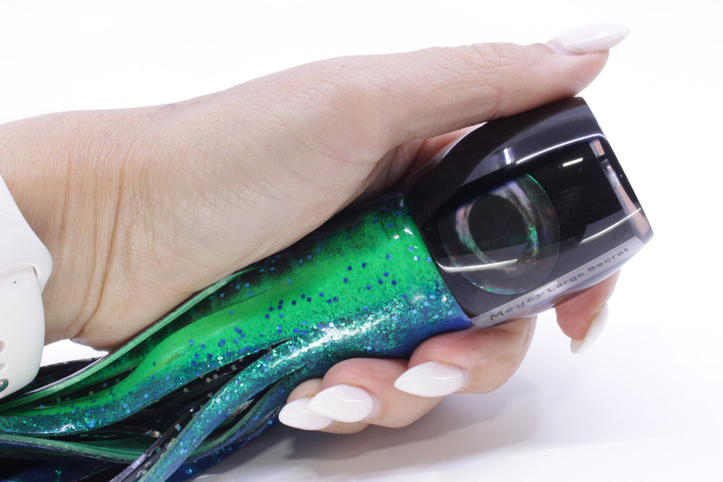 Moyes Lures Black Pearl Black Back Large Secret 12" 6.5oz Skirted Black Dots-Blue Dots