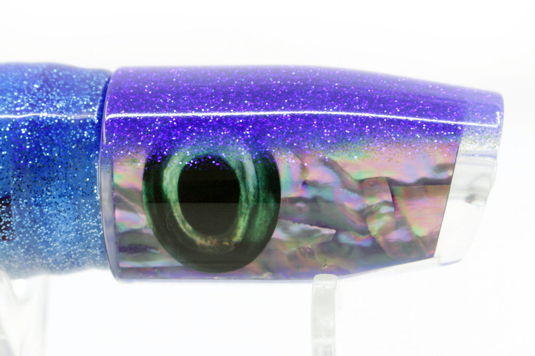 Moyes Lures Rainbow MOP Blue Glitter Back Small Plunger 9" 5oz Skirted Blue-White