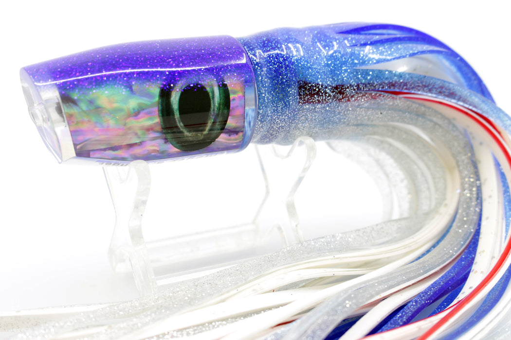 Moyes Lures Rainbow MOP Blue Glitter Back Small Plunger 9" 5oz Skirted Blue-White