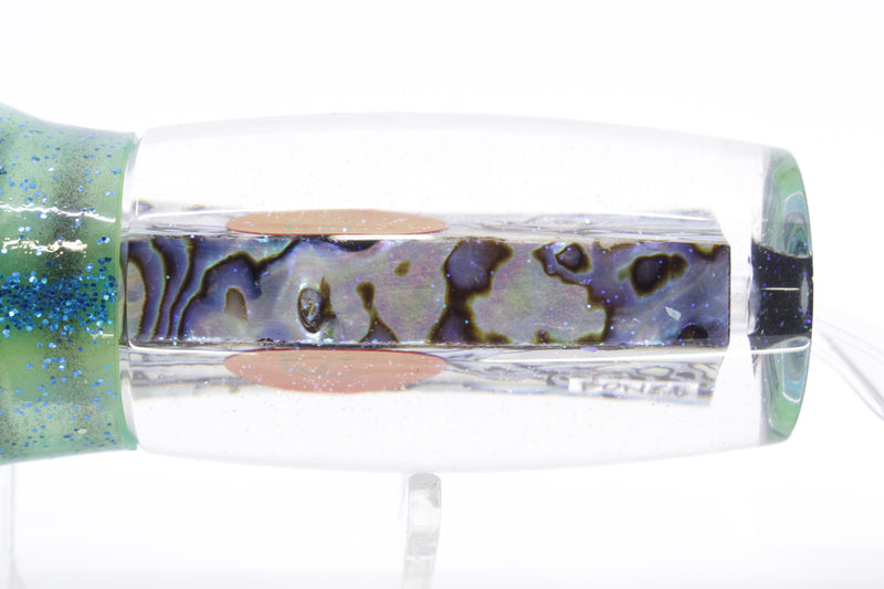 Bonze Lures Paua Shell Red Eyes BTK 10" 7oz Skirted Pale Green-Black Stripes/Lumo