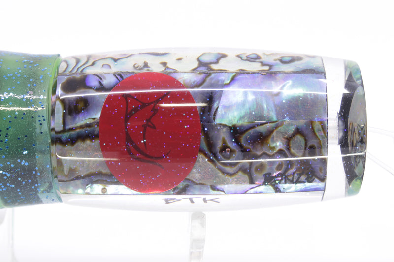 Bonze Lures Paua Shell Red Eyes BTK 10" 7oz Skirted Pale Green-Black Stripes/Lumo
