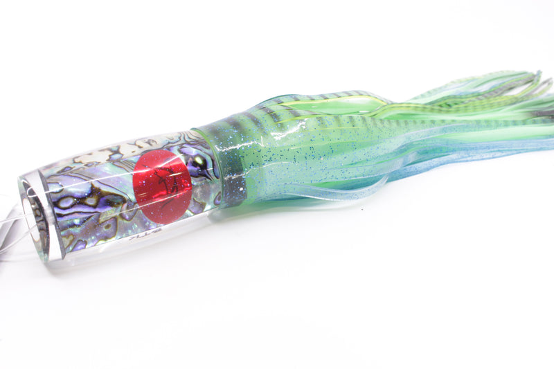 Bonze Lures Paua Shell Red Eyes BTK 10" 7oz Skirted Pale Green-Black Stripes/Lumo