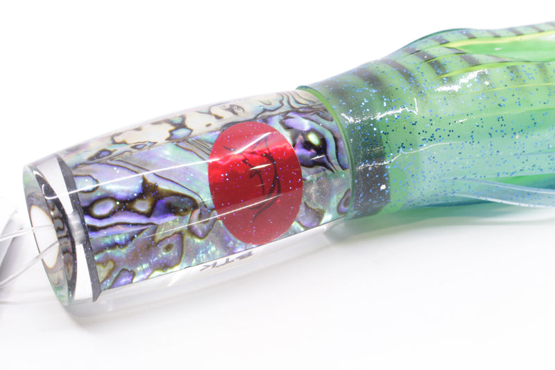 Bonze Lures Paua Shell Red Eyes BTK 10" 7oz Skirted Pale Green-Black Stripes/Lumo