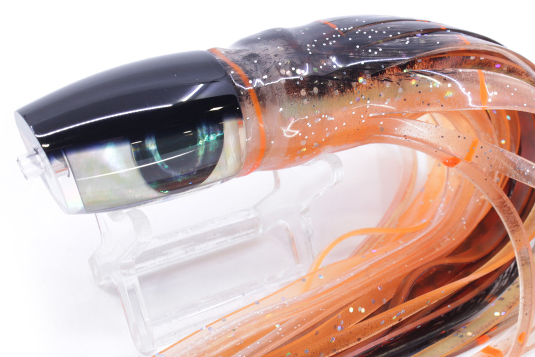 Moyes Lures Golden MOP Black Back Small J-Boy 9" 3.5oz Skirted Root Beer-Petrolero