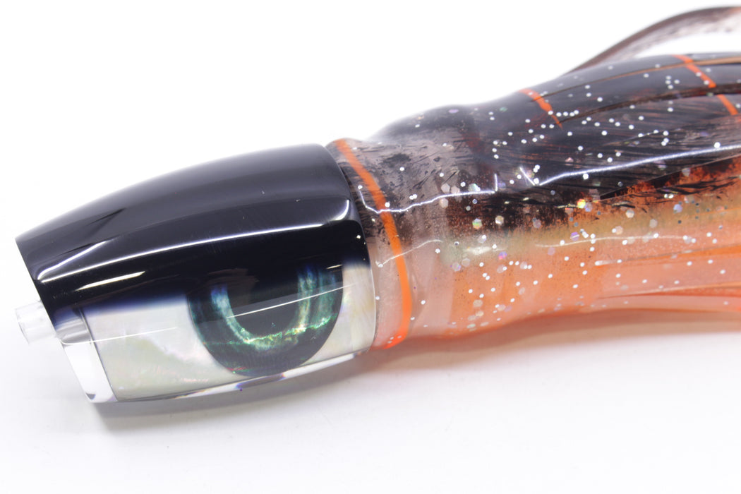 Moyes Lures Golden MOP Black Back Small J-Boy 9" 3.5oz Skirted Root Beer-Petrolero