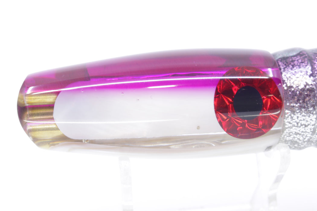 Coggin Lures White MOP Purple Back 4-Hole Big Slant 9" 7.3oz Skirted Purple Aurora