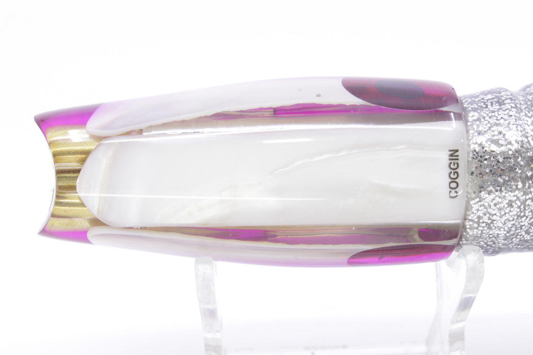 Coggin Lures White MOP Purple Back 4-Hole Big Slant 9" 7.3oz Skirted Purple Aurora