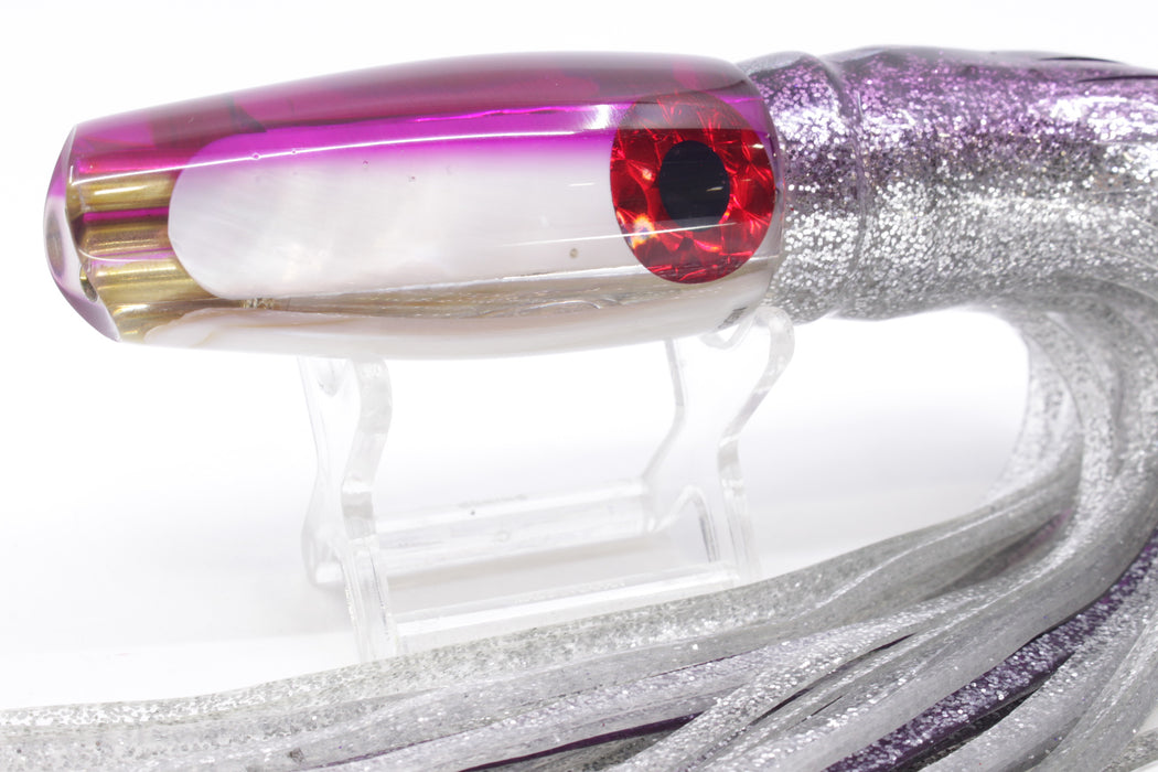 Coggin Lures White MOP Purple Back 4-Hole Big Slant 9" 7.3oz Skirted Purple Aurora