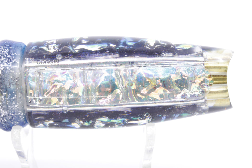 Coggin Lures Ice Rainbow Dichro Black Back 4-Hole Big Slant 9" 7.3oz Skirted Blue Aurora
