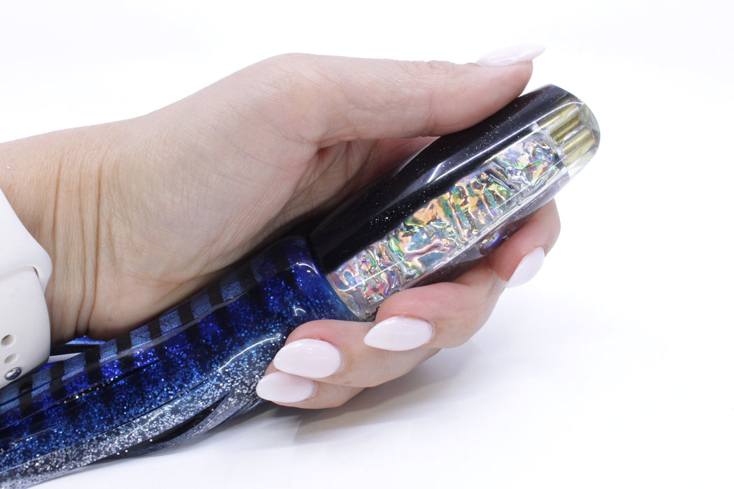 Coggin Lures Ice Rainbow Dichro Black Back 4-Hole Big Slant 9" 7.3oz Skirted Blue Aurora