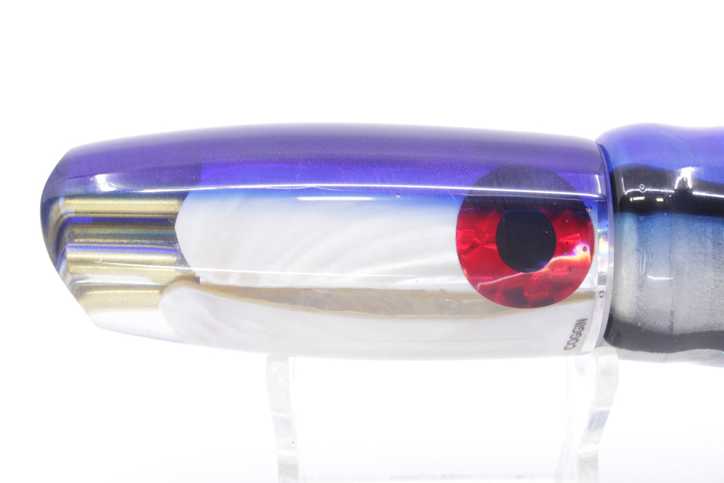 Coggin Lures White MOP Blue Back 4-Hole Big Slant Kai Bobo 12" 9oz Skirted Blue Skipjack