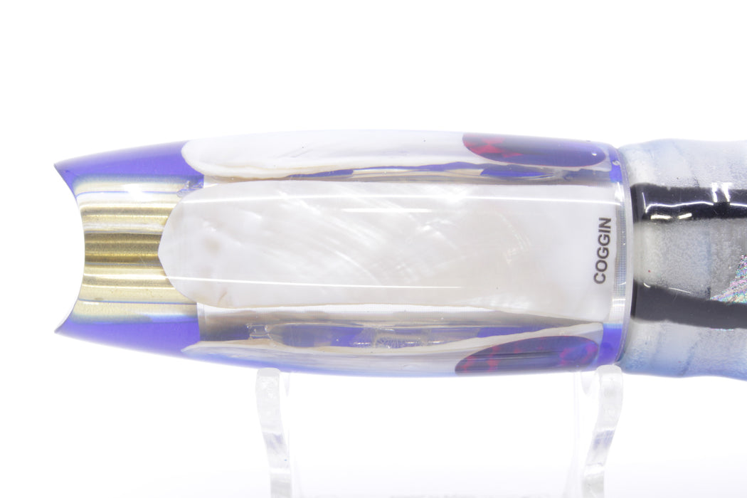 Coggin Lures White MOP Blue Back 4-Hole Big Slant Kai Bobo 12" 9oz Skirted Blue Skipjack