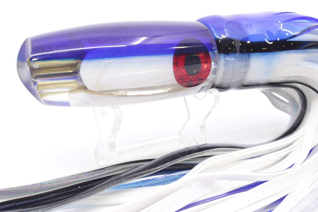 Coggin Lures White MOP Blue Back 4-Hole Big Slant Kai Bobo 12" 9oz Skirted Blue Skipjack