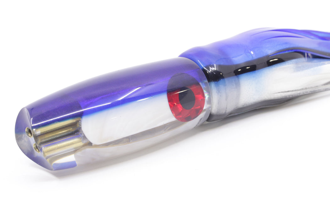 Coggin Lures White MOP Blue Back 4-Hole Big Slant Kai Bobo 12" 9oz Skirted Blue Skipjack