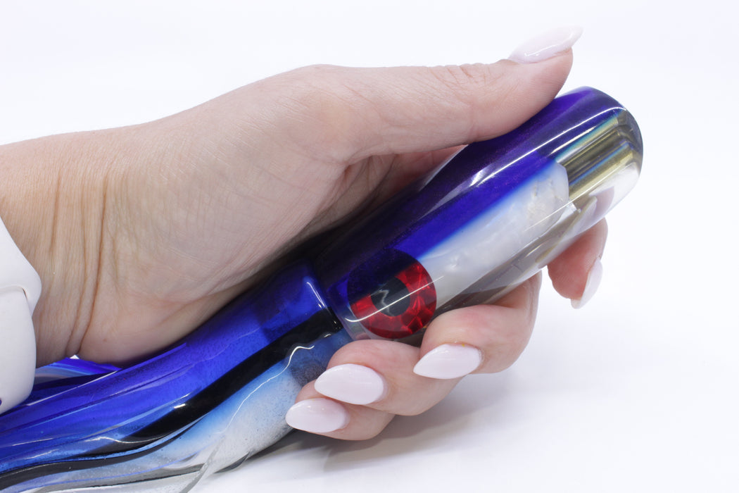 Coggin Lures White MOP Blue Back 4-Hole Big Slant Kai Bobo 12" 9oz Skirted Blue Skipjack