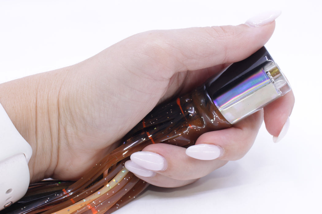 Marlin Magic Lures White Awabi Black Back 4-Hole HSAP 7" 3.5oz Skirted Black-Brown