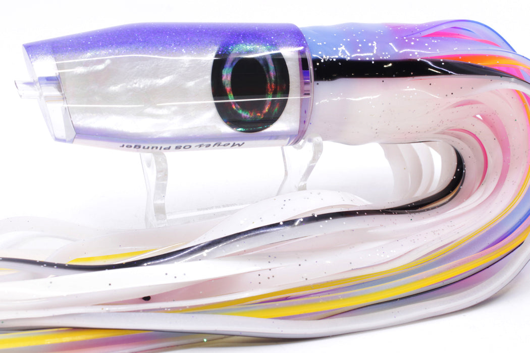 Moyes Lures White MOP Blue Back O.S. Plunger 12" 7oz Skirted Gay Bob