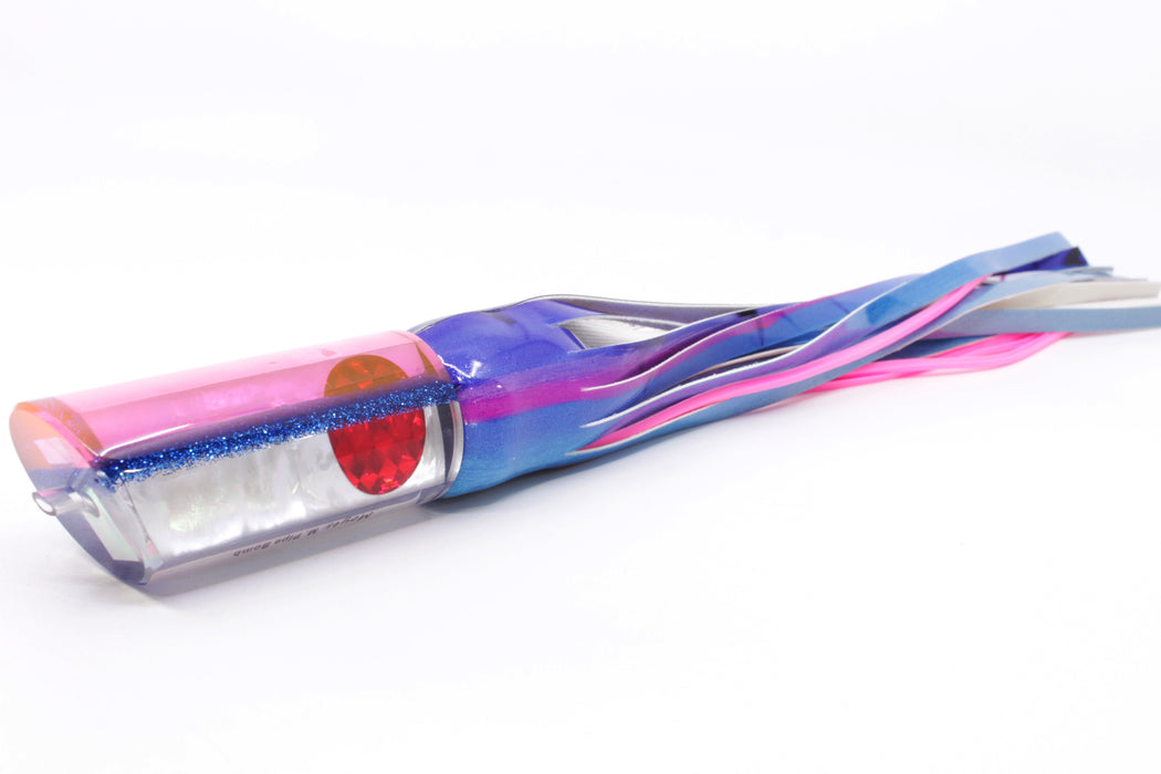 Moyes Lures White MOP Pink-Blue Back Red Eyes Medium Pipe Bomb 12" 7.5oz FT Vinyl