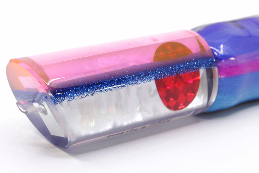 Moyes Lures White MOP Pink-Blue Back Red Eyes Medium Pipe Bomb 12" 7.5oz FT Vinyl