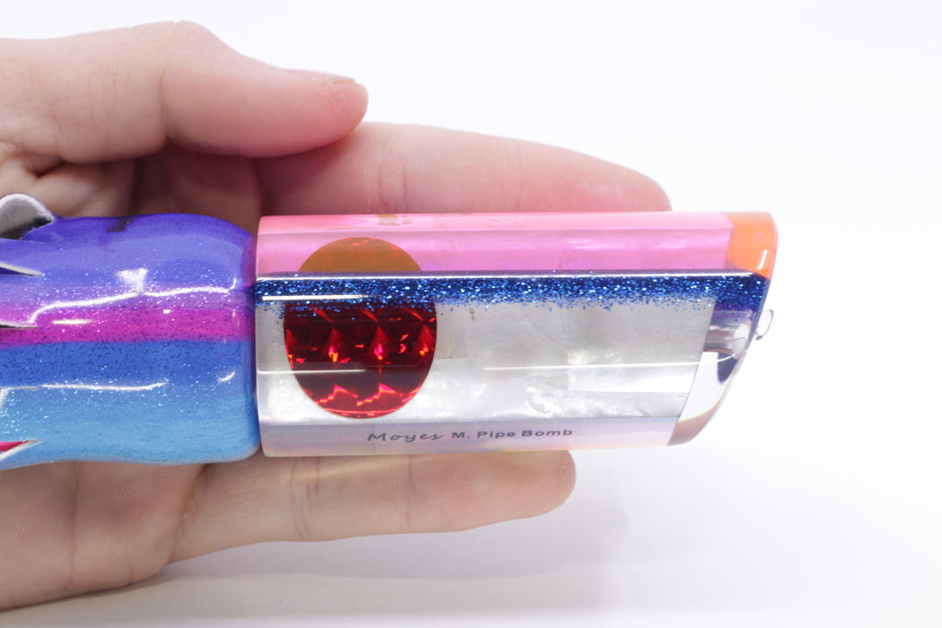 Moyes Lures White MOP Pink-Blue Back Red Eyes Medium Pipe Bomb 12" 7.5oz FT Vinyl