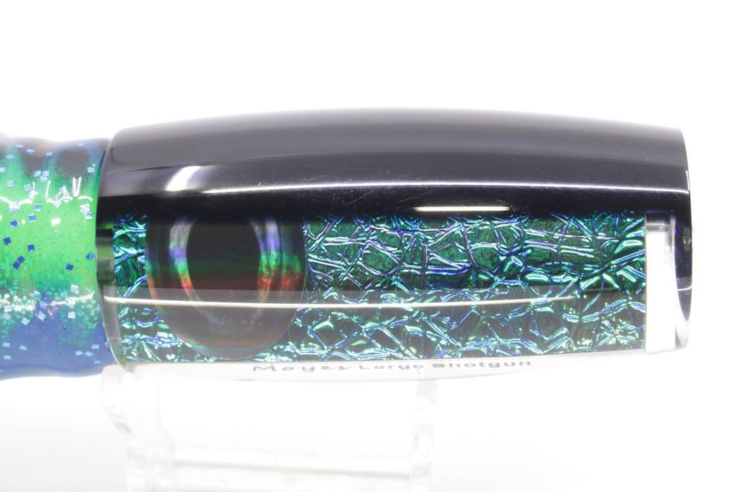 Moyes Lures Blue-Green Oil Slick Black Back Taxi Eyes Large Shotgun 12" 7.8oz Skirted