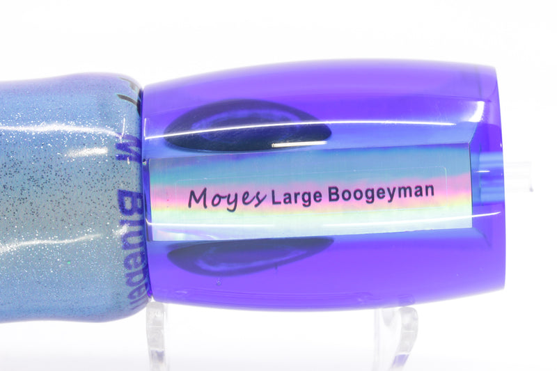 Moyes Lures Ice Blue MOP Blue Back Large Boogeyman 14" 8.5oz Fire Tailz Vinyl Blueberry